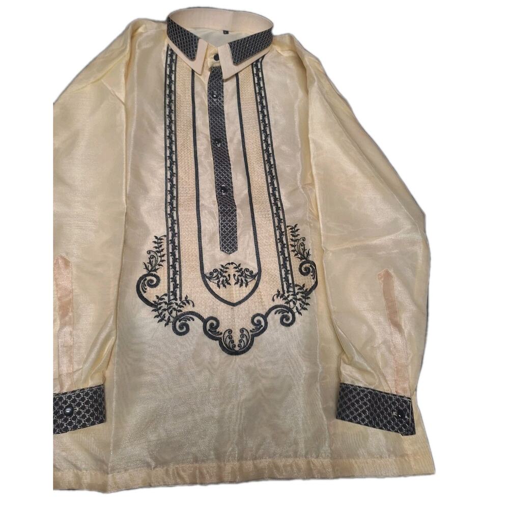 New Barong Tagalog Embroidered Filipino Shirt Beige L With Black Accent Collar